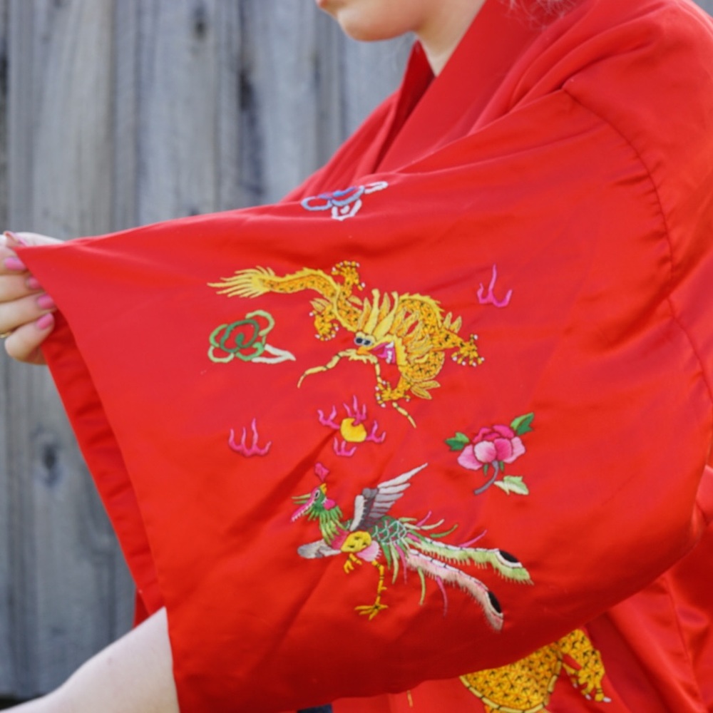 Vtg golden bee silk maxi kimono cardigan duster sm - Picture 8 of 12